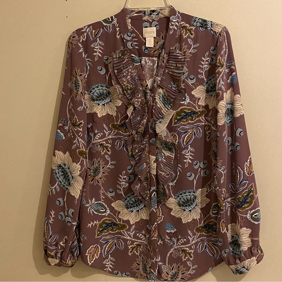 Chicos Shirt Womens Size 1 (S) Ruffle Front Button Up Blouse Rose Floral Top - Picture 1 of 11